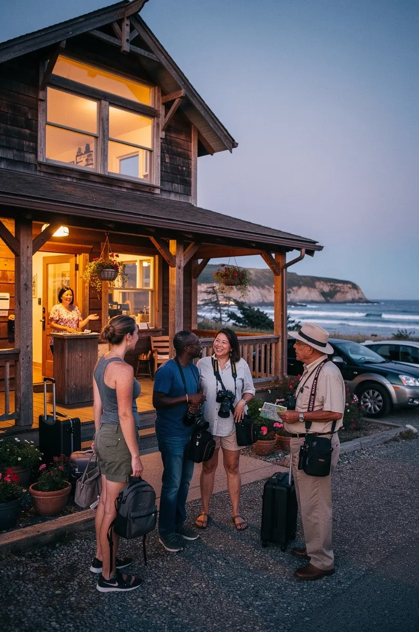 A charming coastal town street lined with colorful shops and cafes, perfect for an overnight stop.